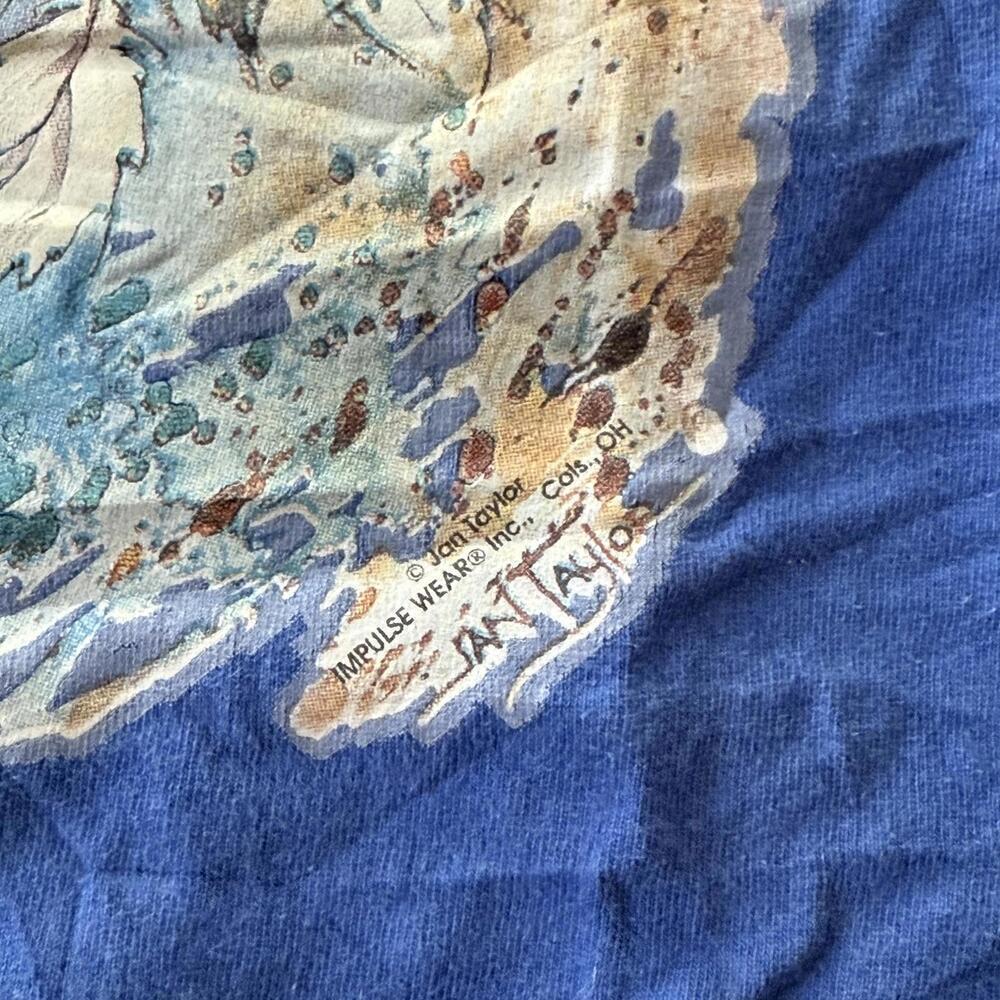 Vintage 90s Jerzees Native Art Wolf Tee Blue XL Jan Taylor Design - Picture 3 of 7